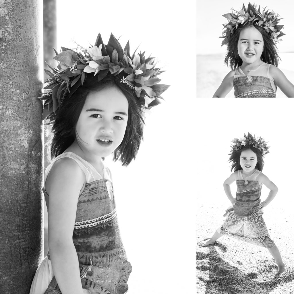 moana birthday themed photoshoot little girl dressed in moana costume under pier - accent photography
